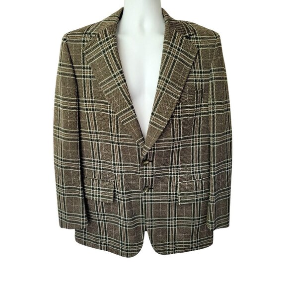 1970s Vtg Mens Plaid 42 R Sport Coat Jacket Polyester 70s Blazer Green - Picture 2 of 13